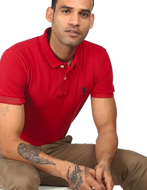 Men Red Solid Polo-Shirt - Image 4