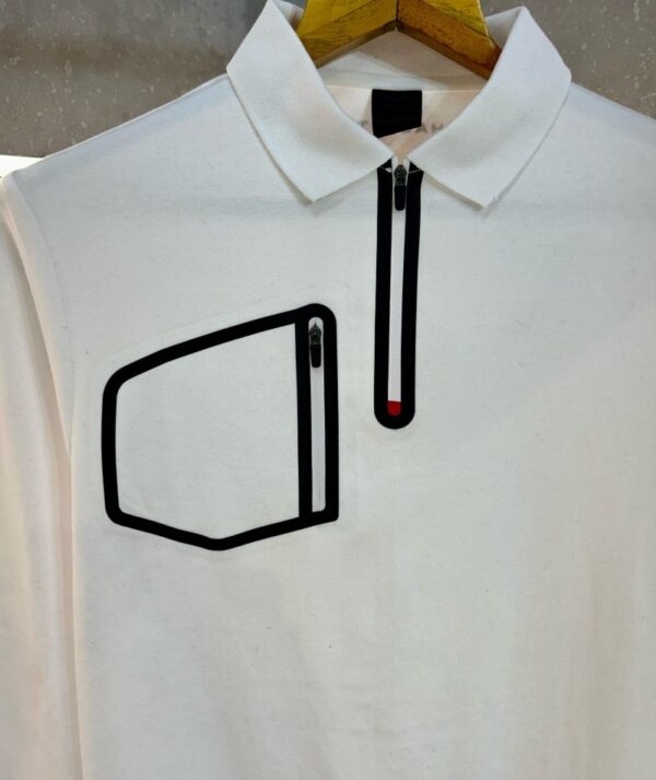 White Zipper Full Sleeves Polo Neck Premium Collar T-shirt - Image 2