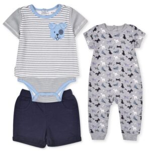 Grey Dog Printed Romper With Green Lining Body Suit And Blue Short