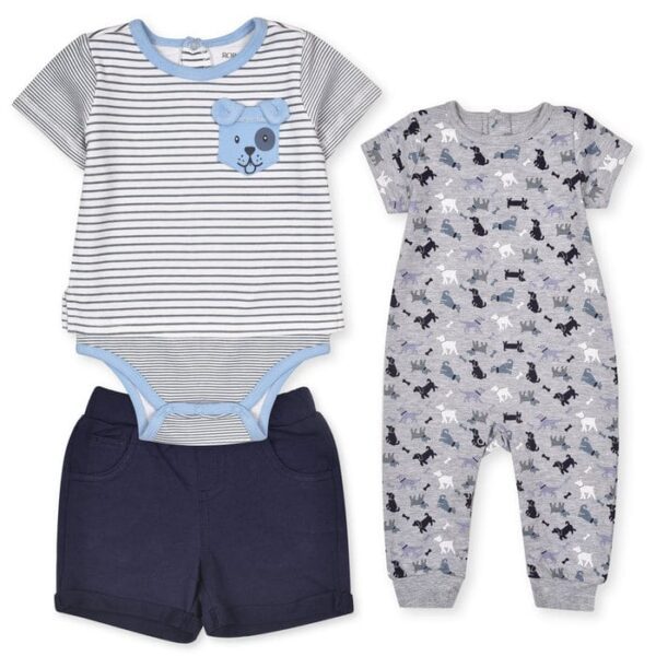 Grey Dog Printed Romper With Green Lining Body Suit And Blue Short