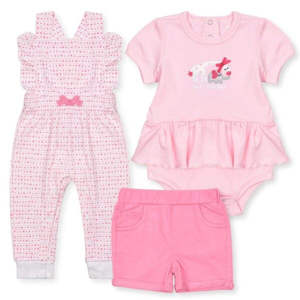 Girl Pink Romper Frock With Heart Printed Dungaree And Pink Short