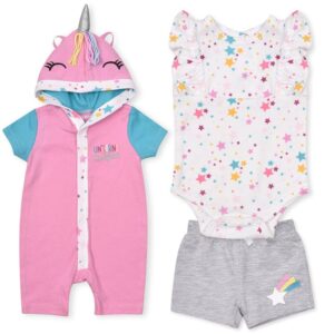White Star Printed Body Suit With Pink Romper Hood With Grey Short