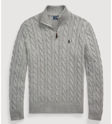 RL Cable-Knit Cotton Quarter-Zip Sweater - Grey