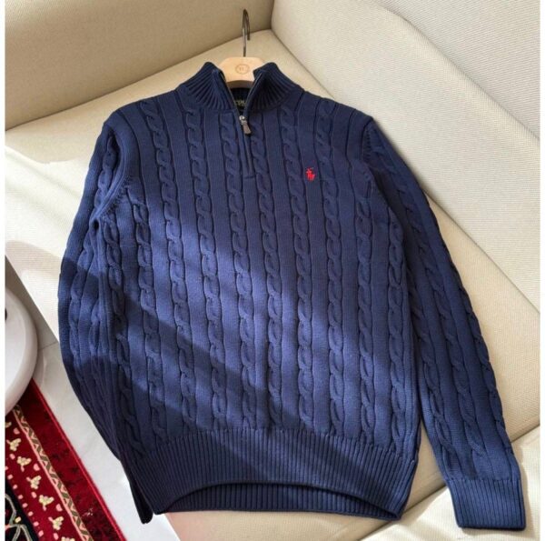 RL Cable-Knit Cotton Quarter-Zip Sweater - Blue - Image 3