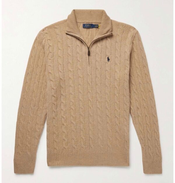 RL Cable-Knit Cotton Quarter-Zip Sweater - Camel