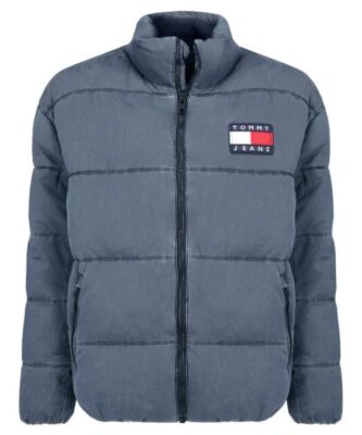Puffer Jacket In Washed Blue With Large Flag Logo